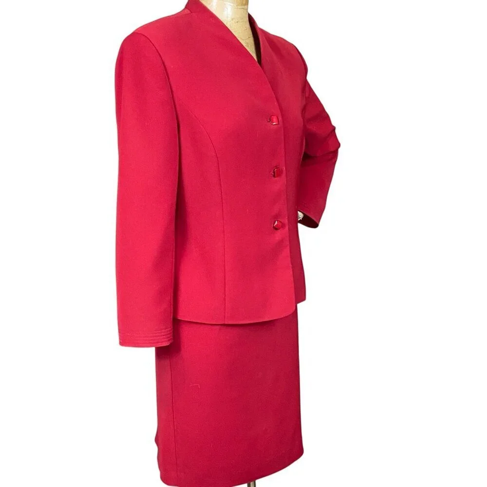 Le Suit 2-Piece Blazer Jacket & Skirt Set Sz 14P‎ Red #321H